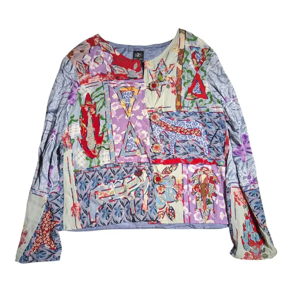 Vtg Y2K Kar-Ma Blue Pink Floral Patchwork Embroidered Collarless Light Jacket S
